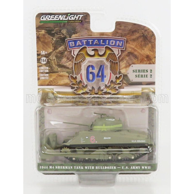 GREENLIGHT TANK M4 SHERMAN USA ARMY WORLD WAR II WITH BULLDOZER 1944 - MILITARY SAND 1/64