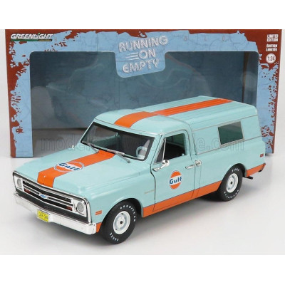 GREENLIGHT CHEVROLET C-10 PICK-UP CLOSED CAMPER GULF 1968 - LIGHT BLUE ORANGE 1/24