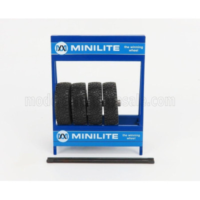 IXO MODELS ACCESSORIES CAVALLETTO SUPPORTO 4X PNEUMATICI MINILITE - METAL RACK WITH 4X TYRES - BLUE BLACK 1/18