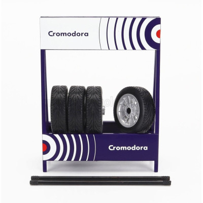 IXO MODELS ACCESSORIES CAVALLETTO SUPPORTO 4X PNEUMATICI CROMODORA - METAL RACK WITH 4X TYRES - BLACK SILVER 1/18