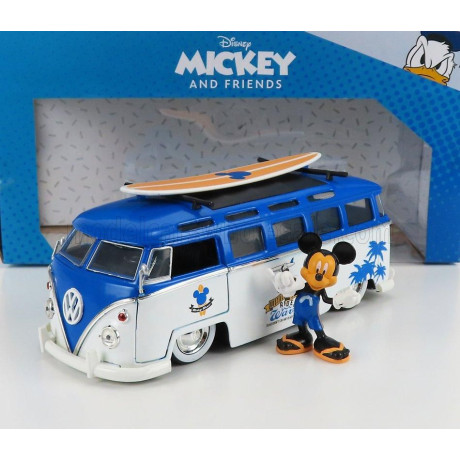 JADA VOLKSWAGEN T1 SAMBA MINIBUS 1962 - WITH TOPOLINO MICKEY MOUSE FIGURE - WALT DISNEY - WHITE BLUE 1/24
