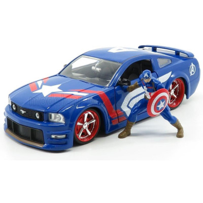 JADA FORD USA MUSTANG GT COUPE 2006 WITH CAPTAIN AMERICA FIGURE - BLUE RED WHITE 1/24