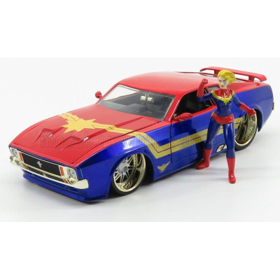 JADA FORD USA MUSTANG MACH I 1973 WITH CAPTAIN MARVEL FIGURE - RED BLUE YELLOW 1/24
