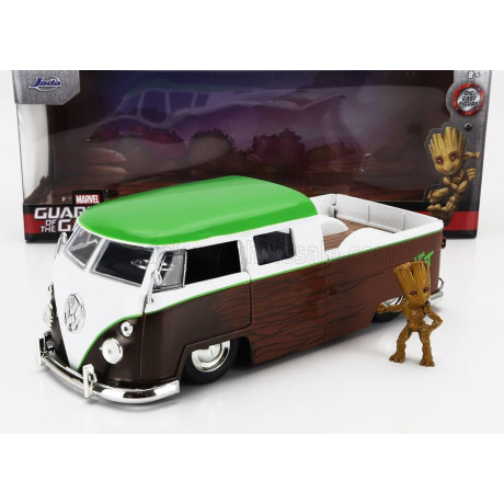 JADA VOLKSWAGEN T1 DOUBLE CABINE PICK-UP 1963 WITH GROOT FIGURE - GUARDIANS OF THE GALAXY - BROWN WHITE GREEN 1/24