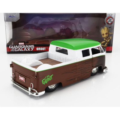 JADA VOLKSWAGEN T1 DOUBLE CABINE PICK-UP 1963 WITH GROOT FIGURE - GUARDIANS OF THE GALAXY - BROWN WHITE GREEN 1/24