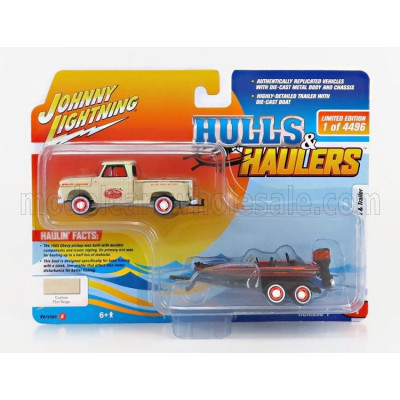 JOHNNY LIGHTNING CHEVROLET STEPSIDE PICK-UP WITH TRAILER AND BOAT 1965 - BEIGE BLACK 1/64
