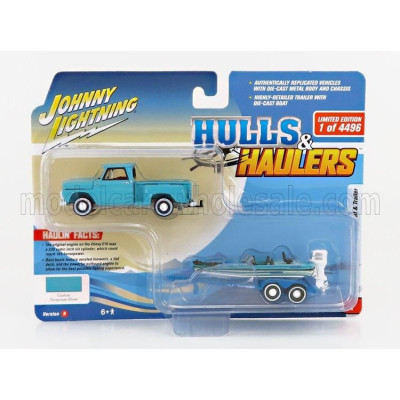 JOHNNY LIGHTNING CHEVROLET STEPSIDE PICK-UP WITH TRAILER AND BOAT 1965 - 2 TONE BLUE 1/64
