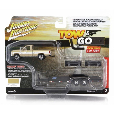 JOHNNY LIGHTNING FORD USA RANGER PICK-UP 1983 WITH TRAILER CAR TRANSPORTER - BEIGE WHITE BLACK 1/64