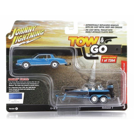 JOHNNY LIGHTNING CHEVROLET MONTECARLO 1980 WITH TRAILER AND MOTORBOAT - BLUE BLACK 1/64