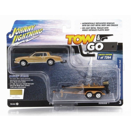 JOHNNY LIGHTNING CHEVROLET MONTECARLO 1980 WITH TRAILER AND MOTORBOAT - GOLD BLACK 1/64