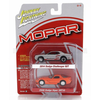 JOHNNY LIGHTNING DODGE SET 2X CHALLENGER R/T 2014 + VIPER SRT10 2008 - SILVER RED ORANGE 1/64