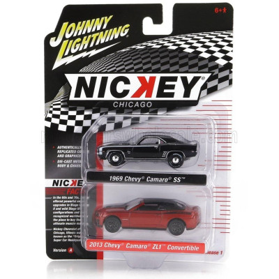 JOHNNY LIGHTNING CHEVROLET SET 2X CAMARO SS 1969 + ZL1 CABRIOLET CLOSED 2013 - BLACK RED 1/64