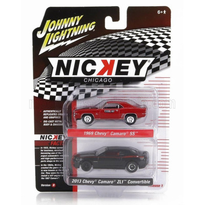 JOHNNY LIGHTNING CHEVROLET SET 2X CAMARO SS 1969 + ZL1 CABRIOLET CLOSED 2013 - BLACK RED 1/64