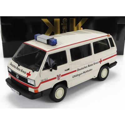 KK SCALE VOLKSWAGEN T3 MINIBUS DEUTSCHES ROTES KREUZ AMBULANCE 1987 - CREME RED 1/18