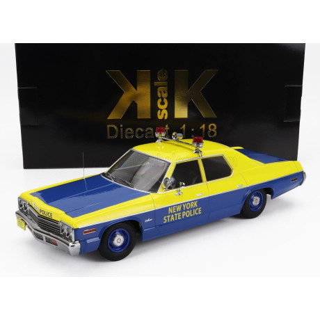 KK SCALE DODGE MONACO NEW YORK STATE POLICE 1974 - YELLOW BLUE 1/18