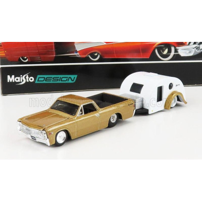 MAISTO CHEVROLET EL CAMINO PICK-UP WITH TRAILER ROULOTTE 1967 - GOLD WHITE 1/64