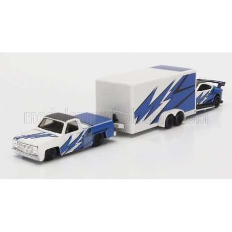 MAISTO CHEVROLET 1500 PICK-UP WITH TRAILER CAR TRANSPORTER + SUBARU BRX 2019 - BLUE WHITE 1/64