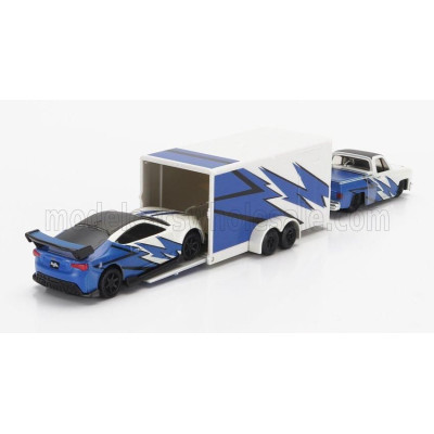 MAISTO CHEVROLET 1500 PICK-UP WITH TRAILER CAR TRANSPORTER + SUBARU BRX 2019 - BLUE WHITE 1/64