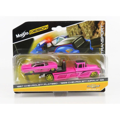 MAISTO CHEVROLET IMPALA SS 1959 WITH RAMP TRUCK FLATBED 1957 - PINK 1/64