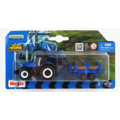 MAISTO NEW HOLLAND T7-315 TRACTOR WITH TRAILER 2018 - BLUE WOOD 1/64