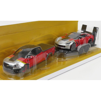 MAISTO CHEVROLET COLORADO ZR2 PICK-UP 2017 + CORVETTE Z06 COUPE 2015 WITH TRAILER - RED BLACK SILVER 1/24