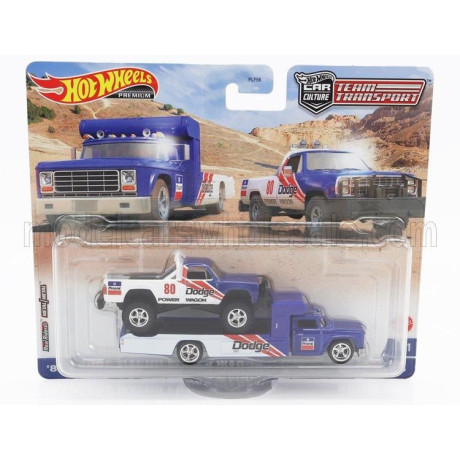MATTEL HOT WHEELS DODGE RETRO RIG TRUCK CAR TRANSPORTER WITH MACHO POWER PICK-UP N 80 RACING 1980 - BLUE WHITE 1/64