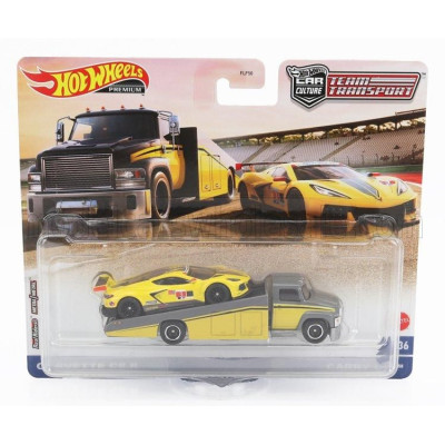 MATTEL HOT WHEELS TRUCK RAMP TRUCK CAR TRANSPORTER WITH CHEVROLET CORVETTE C8.R N 3 RACING 2021 - YELLOW GREY 1/64