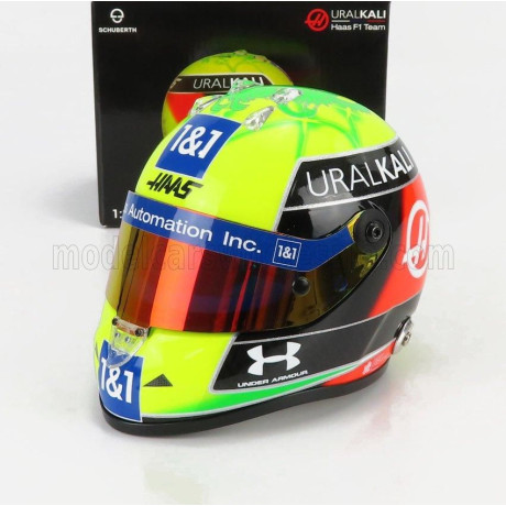 MINI HELMET SCHUBERTH HELMET F1 CASCO HELMET VF-21 TEAM URALKALI N 47 SEASON 2021 MICK SCHUMACHER - GREEN RED BLACK YELLOW 1/2