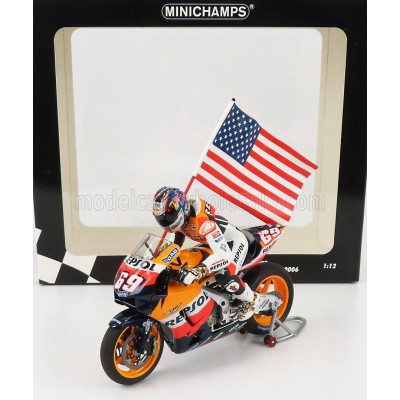 MINICHAMPS HONDA RC211V N 69 MOTOGP NICKY HAYDEN 2006 WORLD CHAMPION - WITH FIGURE AND FLAG - BLACK ORANGE YELLOW 1/12