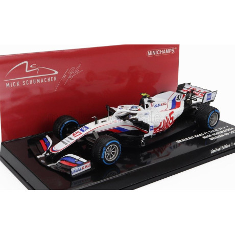 MINICHAMPS HAAS F1  VF-21 FERRARI 065/6 TEAM URALKALI N 47 BELGIUM GP 2021 MICK SCHUMACHER - WHITE BLUE RED 1/43
