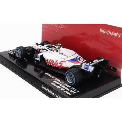 MINICHAMPS HAAS F1  VF-21 FERRARI 065/6 TEAM URALKALI N 47 BELGIUM GP 2021 MICK SCHUMACHER - WHITE BLUE RED 1/43