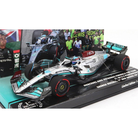 MINICHAMPS MERCEDES GP F1 W13E TEAM MERCEDES-AMG PETRONAS F1 N 63 (first f1 win) WINNER BRAZILIAN GP 2022 GEORGE RUSSEL - SILVER