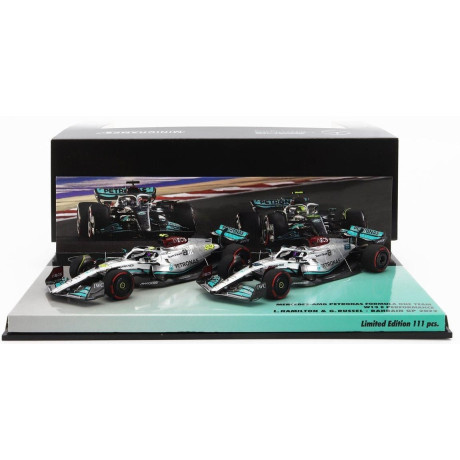MINICHAMPS MERCEDES GP F1  SET 2X W13E TEAM MERCEDES-AMG PETRONAS F1 N 44 3rd BAHRAIN GP 2022 LEWIS HAMILTON + N 63 4th BAHRAIN
