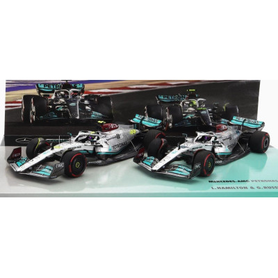 MINICHAMPS MERCEDES GP F1  SET 2X W13E TEAM MERCEDES-AMG PETRONAS F1 N 44 3rd BAHRAIN GP 2022 LEWIS HAMILTON + N 63 4th BAHRAIN