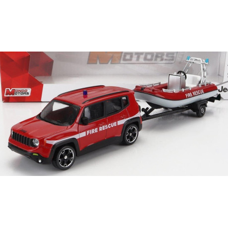 MONDOMOTORS JEEP RENEGADE FIRE ENGINE CON CARRELLO E GOMMONE 2017 - TRAILER AND MOTORBOAT - RED WHITE 1/43