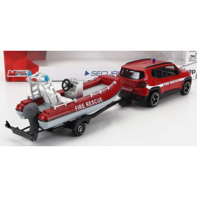 MONDOMOTORS JEEP RENEGADE FIRE ENGINE CON CARRELLO E GOMMONE 2017 - TRAILER AND MOTORBOAT - RED WHITE 1/43