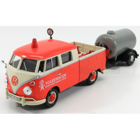 MOTOR MAX VOLKSWAGEN T1 TYPE 2 DOUBLE CABINE ROAD SERVICE WITH TANKER TRAILER 1962 - ORANGE CREAM SILVER 1/24