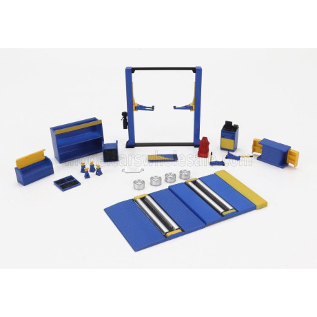 PEAKO ACCESSORIES SET OFFICINA E REVISIONI MICROTURBO - PONTE SOLLEVATORE AUTO - TWIN POST LIFT - BLUE YELLOW 1/64