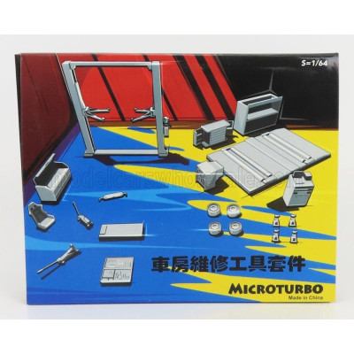 PEAKO ACCESSORIES SET OFFICINA E REVISIONI MICROTURBO - PONTE SOLLEVATORE AUTO - TWIN POST LIFT - BLUE YELLOW 1/64