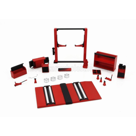 PEAKO ACCESSORIES SET OFFICINA E REVISIONI MICROTURBO - PONTE SOLLEVATORE AUTO - TWIN POST LIFT - RED BLACK 1/64