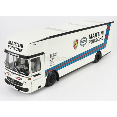 SCHUCO MERCEDES BENZ O317 TRUCK CAR TRANSPORTER PORSCHE MARTINI RACING 1968 - WHITE BLUE 1/18