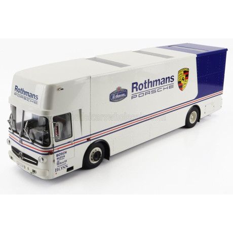 SCHUCO MERCEDES BENZ O317 TRUCK CAR TRANSPORTER PORSCHE ROTHMANS 1984 - WHITE BLUE 1/18