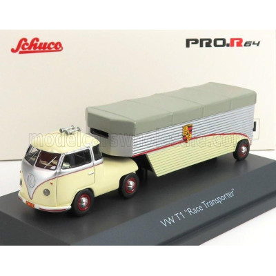 SCHUCO VOLKSWAGEN T1b CONTINENTAL MOTORS PORSCHE CAR TRANSPORTER 1962 - CREAM GREY SILVER 1/64