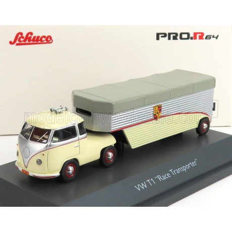SCHUCO VOLKSWAGEN T1b CONTINENTAL MOTORS PORSCHE CAR TRANSPORTER 1962 - CREAM GREY SILVER 1/64