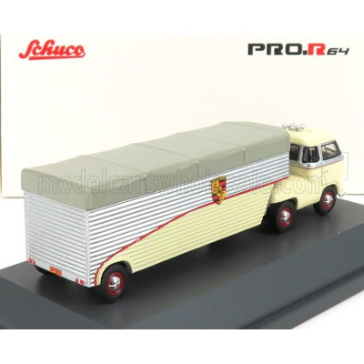 SCHUCO VOLKSWAGEN T1b CONTINENTAL MOTORS PORSCHE CAR TRANSPORTER 1962 - CREAM GREY SILVER 1/64