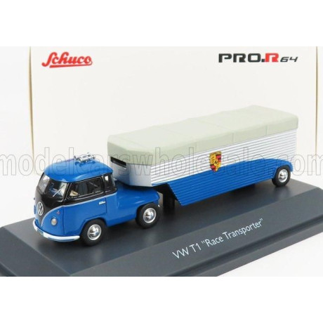 SCHUCO VOLKSWAGEN T1b CONTINENTAL MOTORS PORSCHE CAR TRANSPORTER 1962 - BLUE BLACK 1/64
