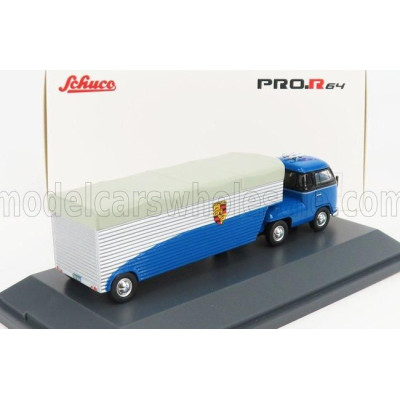 SCHUCO VOLKSWAGEN T1b CONTINENTAL MOTORS PORSCHE CAR TRANSPORTER 1962 - BLUE BLACK 1/64