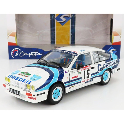 SOLIDO ALFA ROMEO ALFETTA GTV6 N 15 RALLY DES GARRIGUES 1986 C.RIGOLLET - M.BATHELOT - WHITE 2 TONE BLUE 1/18