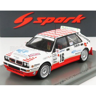 SPARK MODEL LANCIA DELTA HF INTEGRALE EVO CANONICA N 16 WINNER GROUP N RALLY MONTECARLO 1993 C.SPILIOTIS - H.THIBAUD - WHITE RED