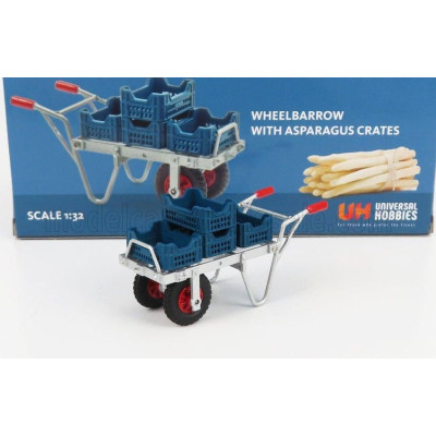 UNIVERSAL HOBBIES ACCESSORIES WHEELBARROW WITH 4X ASPARAGUS CRATES - SILVER BLUE 1/32